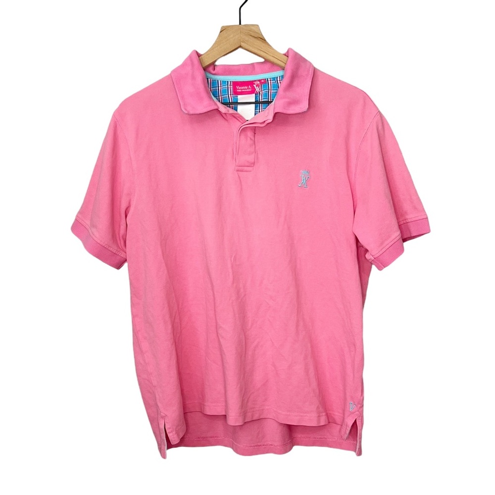 Pink Short-Sleeve Polo Shirt with Contrast Plaid Trim